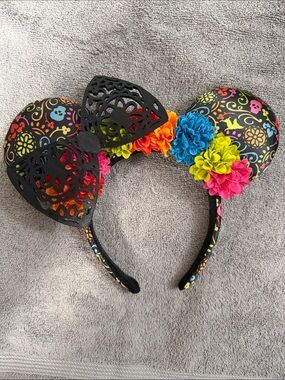 Disney Multicolor Sugar Skull Minnie Ears Headband with Black Laser-Cut Bow